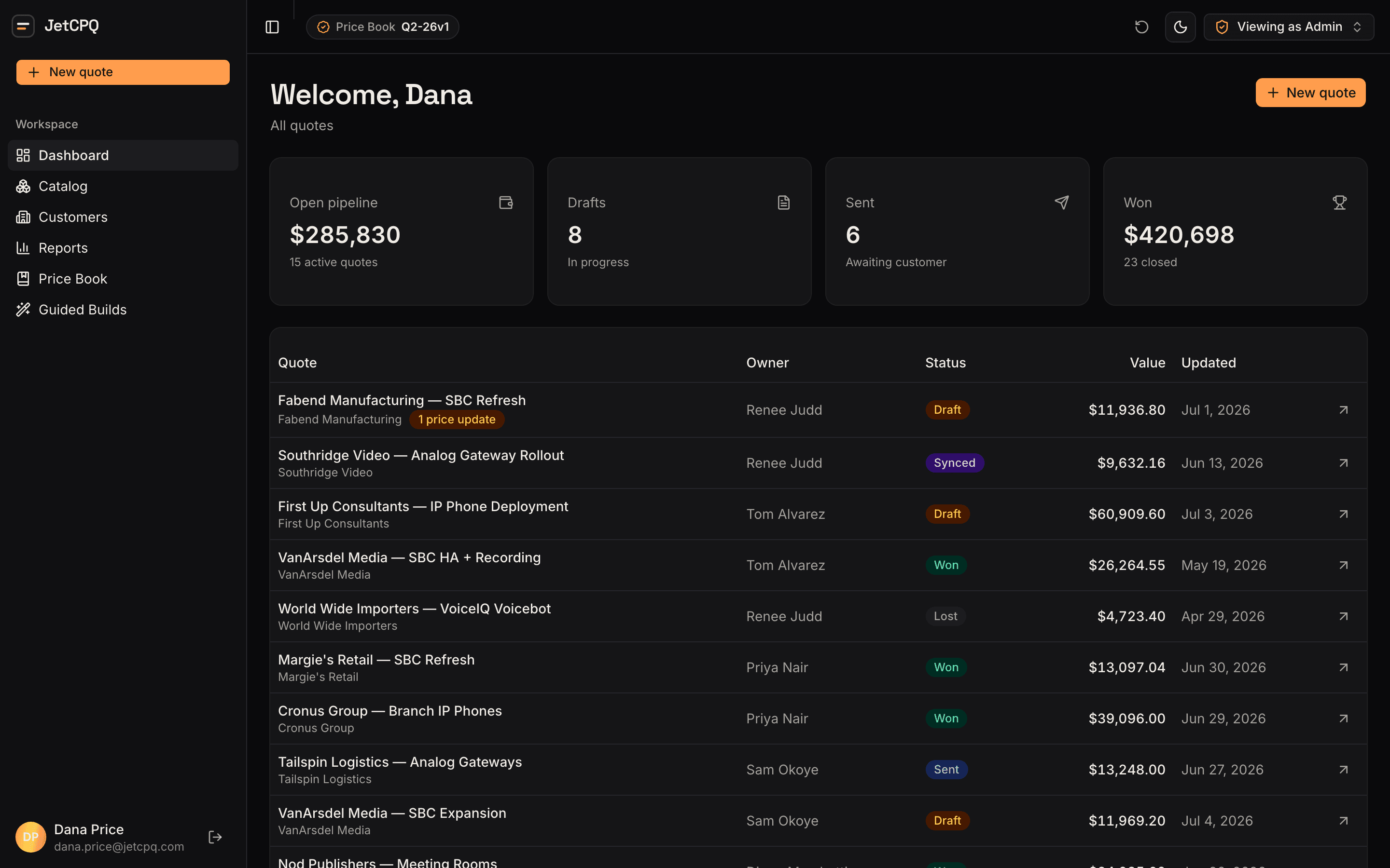 jetCPQ dashboard: quote pipeline, value by stage, and recent quotes