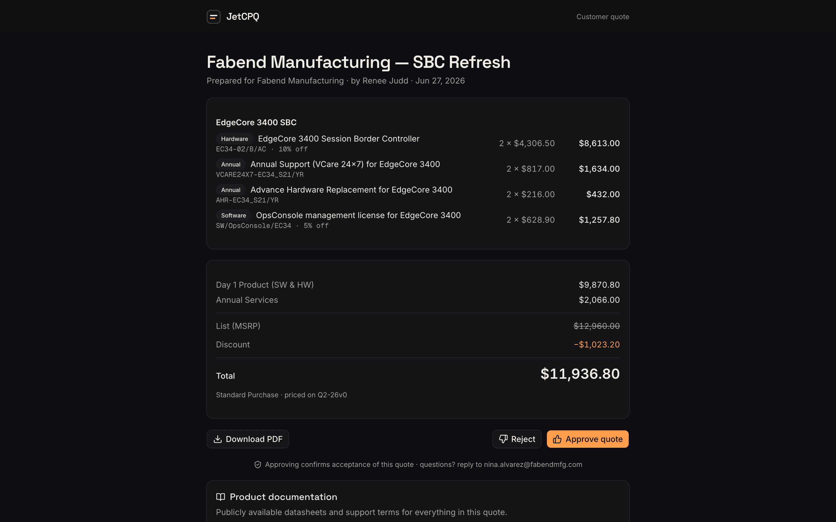 jetCPQ customer portal: review, download, and approve a quote in the browser