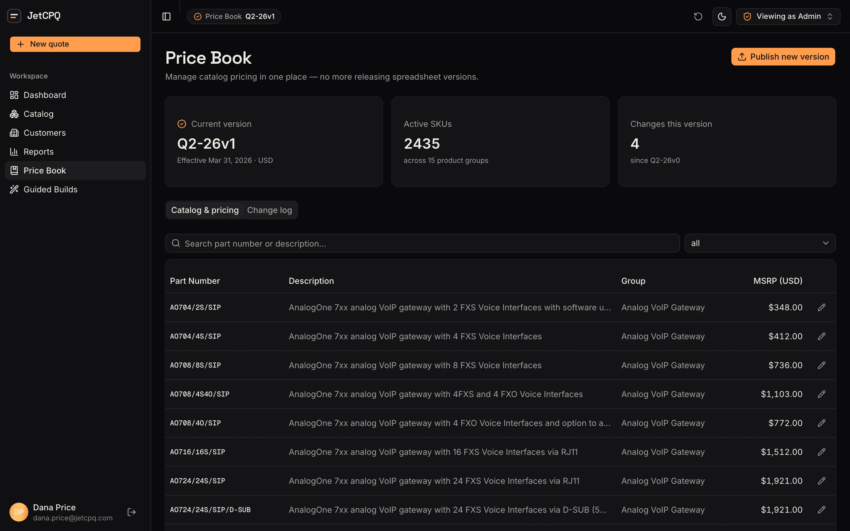 jetCPQ live price book: a versioned, filterable catalog